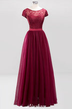 Elegante vestido de noche con mangas cortas y estampado floral, corte en A, con apliques de tul para dama de honor