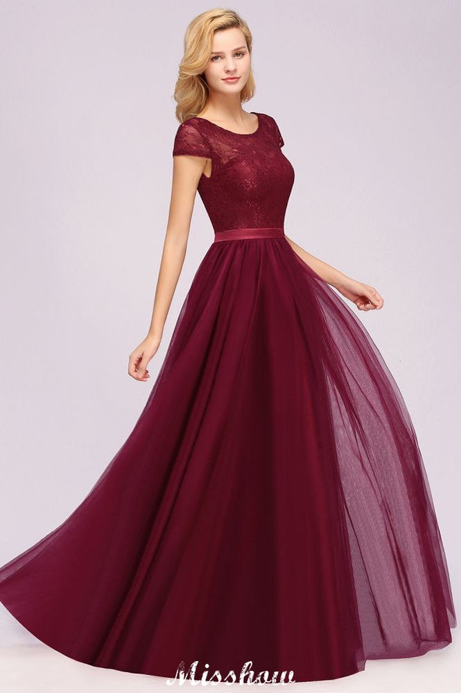 Elegante vestido de noche con mangas cortas y estampado floral, corte en A, con apliques de tul para dama de honor