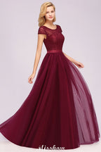 Elegante vestido de noche con mangas cortas y estampado floral, corte en A, con apliques de tul para dama de honor