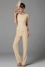 Elegante vestido de madre de la novia color champán, mono de gasa para dama de honor