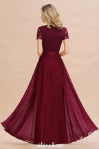 Elegante vestido de dama de honor de gasa con encaje, mangas cortas y joya, largo hasta el suelo, corte A