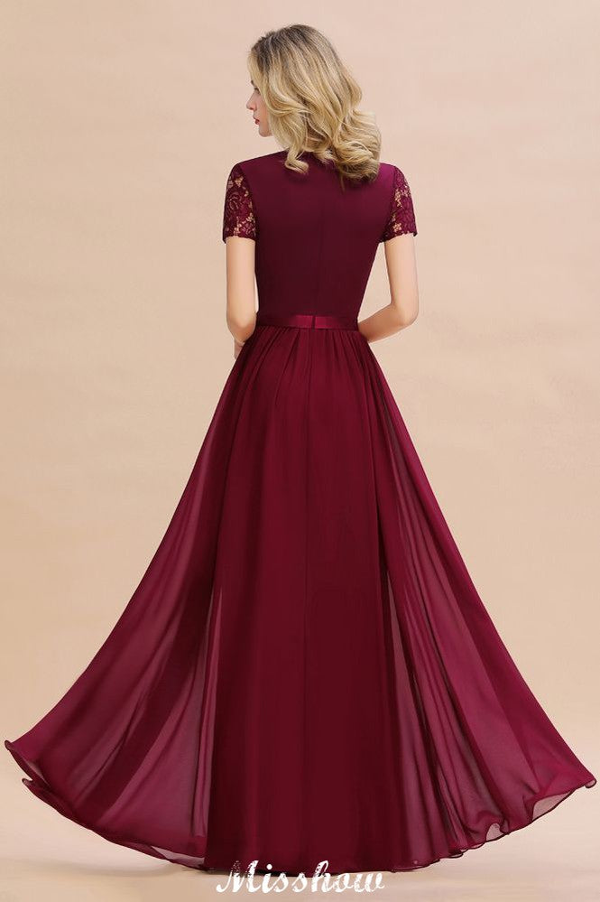 Elegante vestido de dama de honor de gasa con encaje, mangas cortas y joya, largo hasta el suelo, corte A