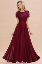 Elegante vestido de dama de honor de gasa con encaje, mangas cortas y joya, largo hasta el suelo, corte A