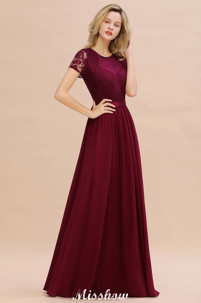 Elegante vestido de dama de honor de gasa con encaje, mangas cortas y joya, largo hasta el suelo, corte A