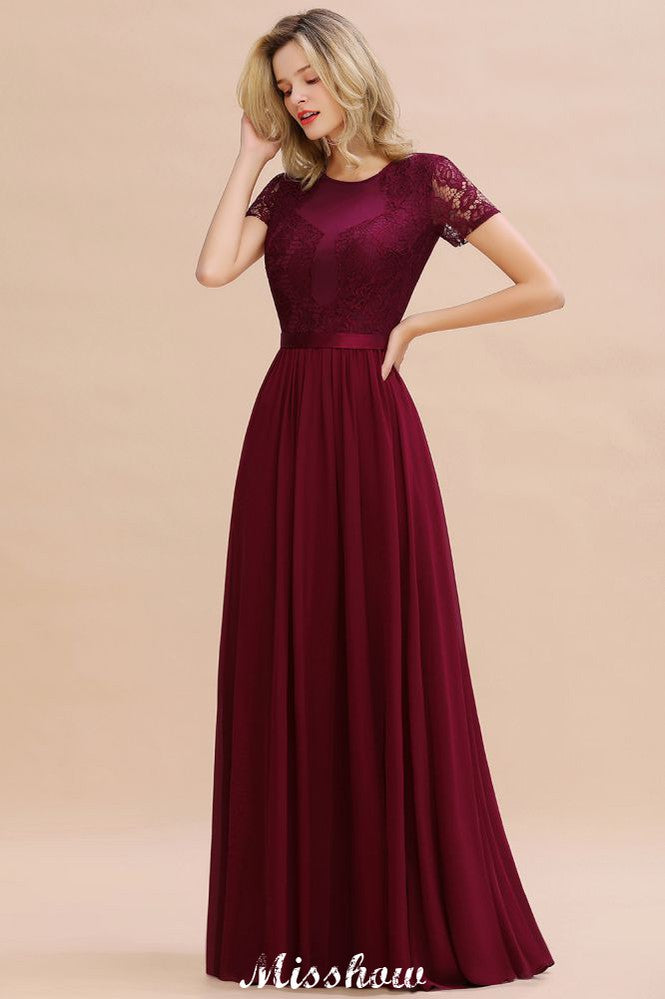 Elegante vestido de dama de honor de gasa con encaje, mangas cortas y joya, largo hasta el suelo, corte A
