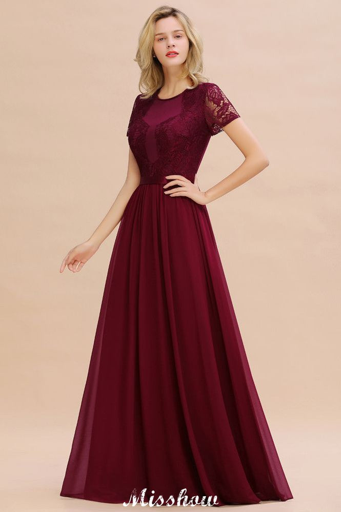 Elegante vestido de dama de honor de gasa con encaje, mangas cortas y joya, largo hasta el suelo, corte A