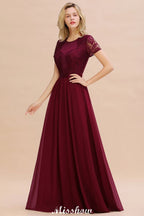Elegante vestido de dama de honor de gasa con encaje, mangas cortas y joya, largo hasta el suelo, corte A