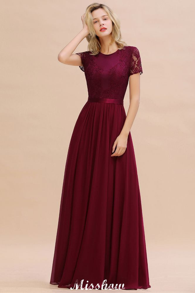 Elegante vestido de dama de honor de gasa con encaje, mangas cortas y joya, largo hasta el suelo, corte A