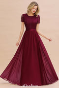 Elegante vestido de dama de honor de gasa con encaje, mangas cortas y joya, largo hasta el suelo, corte A