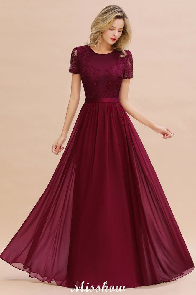 Elegante vestido de dama de honor de gasa con encaje, mangas cortas y joya, largo hasta el suelo, corte A