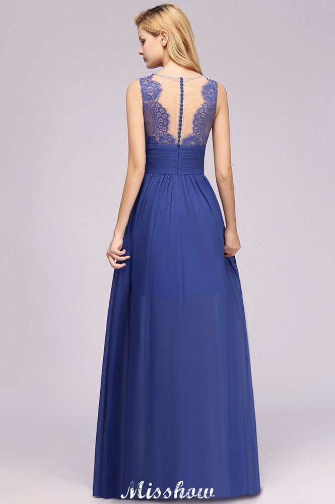 Elegante vestido de dama de honor de gasa con encaje, joya, sin mangas, largo hasta el suelo, corte A, con volantes