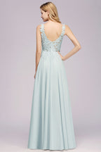 Elegante vestido de dama de honor de gasa con encaje, escote en V, sin mangas, largo hasta el suelo, corte A, con cuentas
