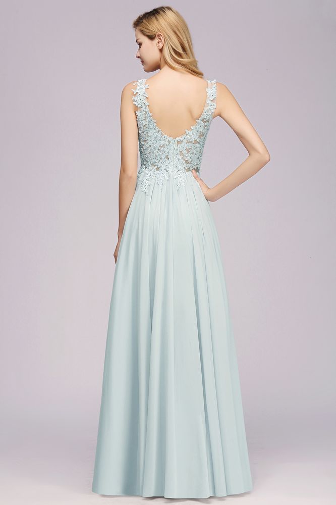 Elegante vestido de dama de honor de gasa con encaje, escote en V, sin mangas, largo hasta el suelo, corte A, con cuentas