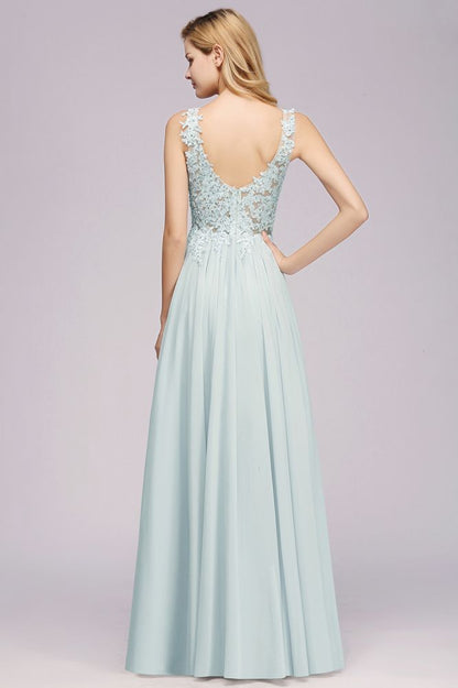 Elegant Chiffon Lace V-Neck Sleeveless Floor-Length A-Line Bridesmaid Dress with Beadings