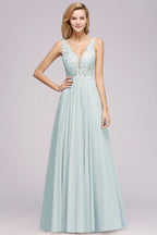 Elegante vestido de dama de honor de gasa con encaje, escote en V, sin mangas, largo hasta el suelo, corte A, con cuentas