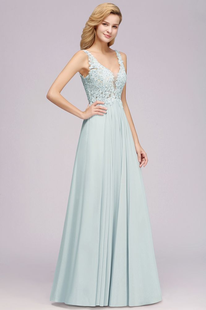 Elegante vestido de dama de honor de gasa con encaje, escote en V, sin mangas, largo hasta el suelo, corte A, con cuentas