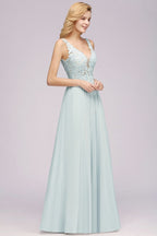 Elegante vestido de dama de honor de gasa con encaje, escote en V, sin mangas, largo hasta el suelo, corte A, con cuentas