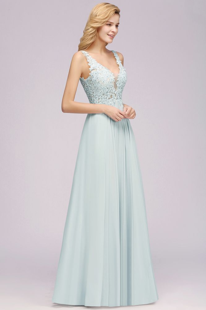 Elegante vestido de dama de honor de gasa con encaje, escote en V, sin mangas, largo hasta el suelo, corte A, con cuentas