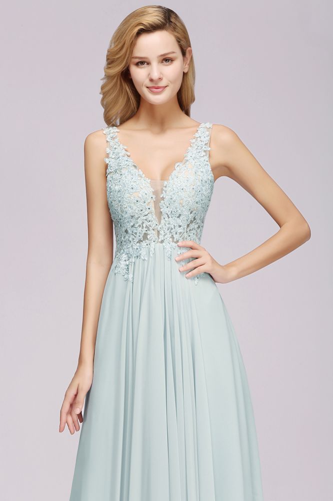 Elegante vestido de dama de honor de gasa con encaje, escote en V, sin mangas, largo hasta el suelo, corte A, con cuentas