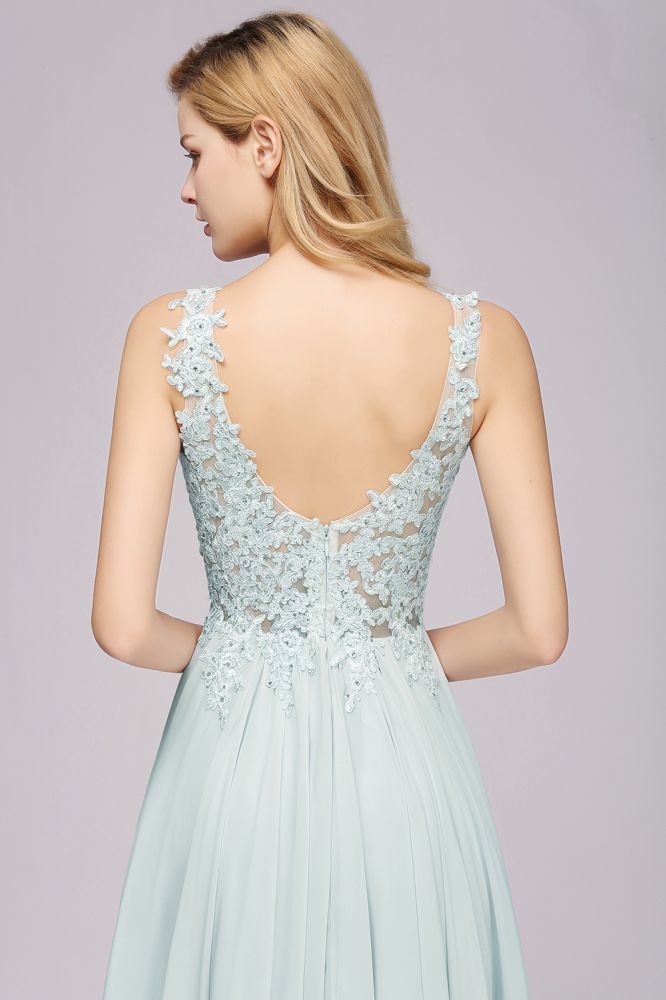 Elegante vestido de dama de honor de gasa con encaje, escote en V, sin mangas, largo hasta el suelo, corte A, con cuentas