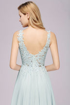 Elegante vestido de dama de honor de gasa con encaje, escote en V, sin mangas, largo hasta el suelo, corte A, con cuentas