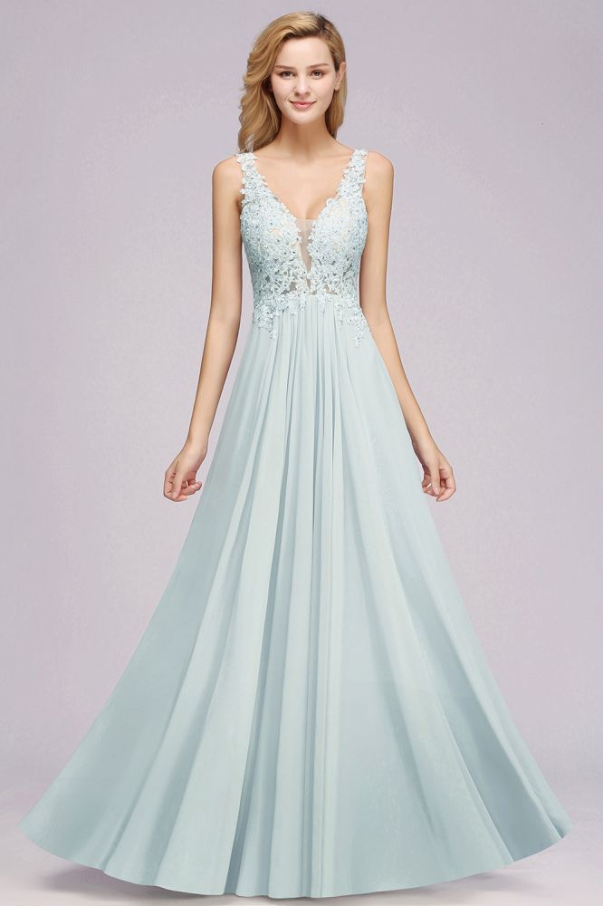 Elegante vestido de dama de honor de gasa con encaje, escote en V, sin mangas, largo hasta el suelo, corte A, con cuentas