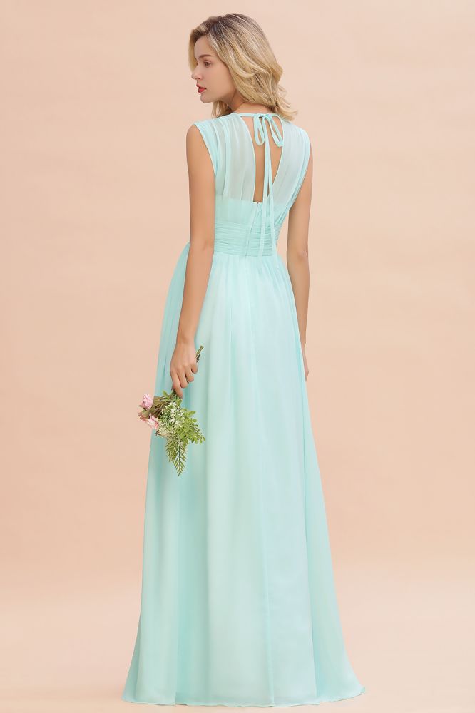Elegante vestido de dama de honor de gasa con escote en V, sin mangas, largo hasta el suelo, corte A y volantes