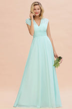 Elegante vestido de dama de honor de gasa con escote en V, sin mangas, largo hasta el suelo, corte A y volantes