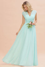 Elegante vestido de dama de honor de gasa con escote en V, sin mangas, largo hasta el suelo, corte A y volantes