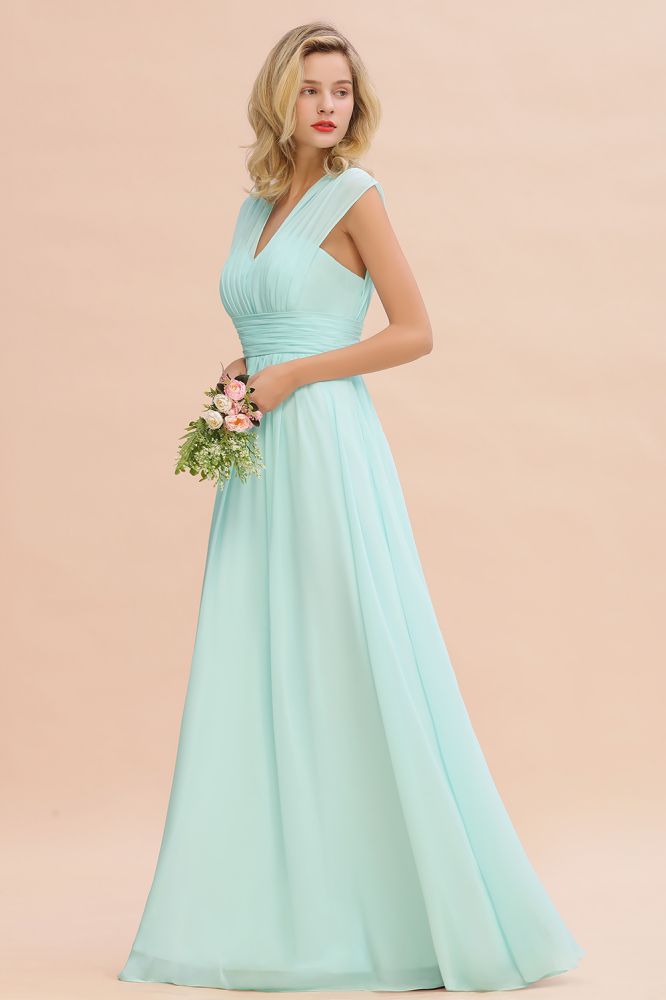 Elegante vestido de dama de honor de gasa con escote en V, sin mangas, largo hasta el suelo, corte A y volantes