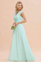 Elegante vestido de dama de honor de gasa con escote en V, sin mangas, largo hasta el suelo, corte A y volantes