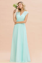 Elegante vestido de dama de honor de gasa con escote en V, sin mangas, largo hasta el suelo, corte A y volantes