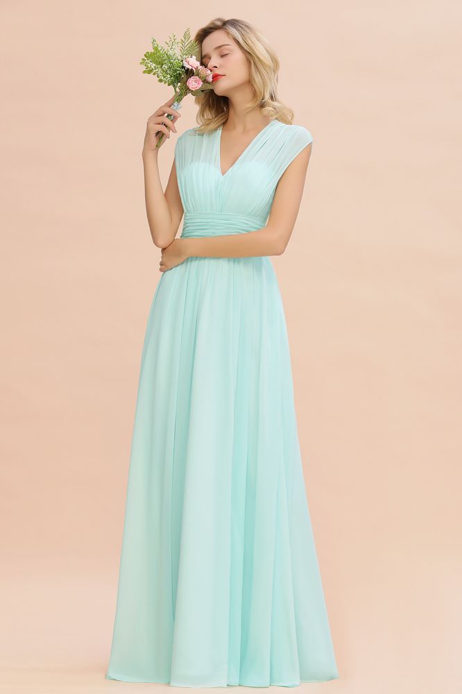 Elegante vestido de dama de honor de gasa con escote en V, sin mangas, largo hasta el suelo, corte A y volantes