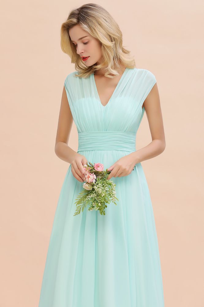 Elegante vestido de dama de honor de gasa con escote en V, sin mangas, largo hasta el suelo, corte A y volantes