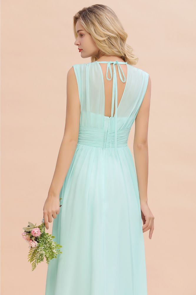 Elegante vestido de dama de honor de gasa con escote en V, sin mangas, largo hasta el suelo, corte A y volantes