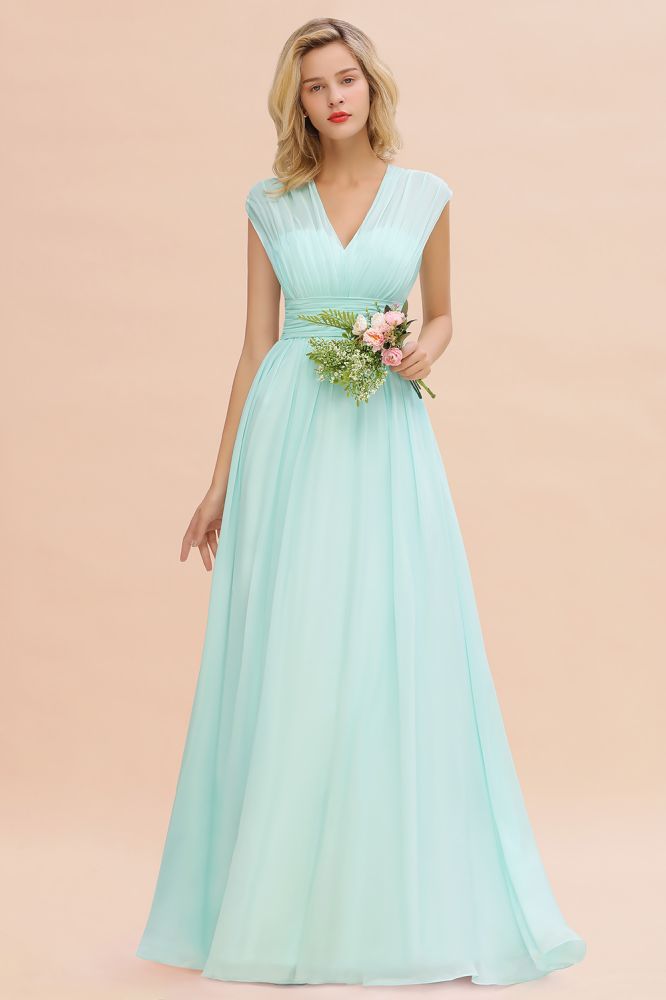 Elegante vestido de dama de honor de gasa con escote en V, sin mangas, largo hasta el suelo, corte A y volantes