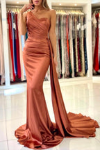 Elegante vestido de fiesta de satén color coral, de un solo hombro, sin mangas, corte sirena, largo hasta el suelo, con volantes