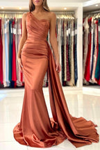 Elegante vestido de fiesta de satén color coral, de un solo hombro, sin mangas, corte sirena, largo hasta el suelo, con volantes