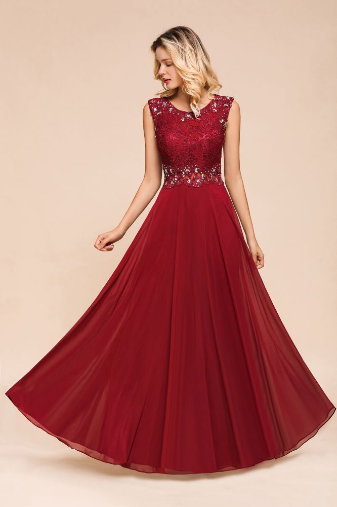 Elegantes Abendkleid mit Rundhalsausschnitt und A-Linien-Ausschnitt und Perlenstickerei, ärmelloses bodenlanges Partykleid aus Spitze