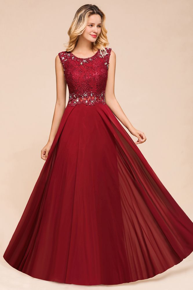Elegantes Abendkleid mit Rundhalsausschnitt und A-Linien-Ausschnitt und Perlenstickerei, ärmelloses bodenlanges Partykleid aus Spitze