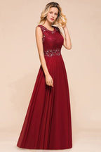 Elegante vestido de noche con cuello redondo, corte en A, cuentas, sin mangas, encaje, largo hasta el suelo, vestido de fiesta