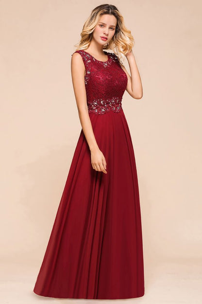 Elegantes Abendkleid mit Rundhalsausschnitt und A-Linien-Ausschnitt und Perlenstickerei, ärmelloses bodenlanges Partykleid aus Spitze