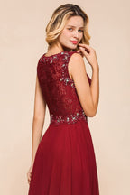 Elegante vestido de noche con cuello redondo, corte en A, cuentas, sin mangas, encaje, largo hasta el suelo, vestido de fiesta