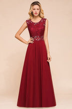 Elegante vestido de noche con cuello redondo, corte en A, cuentas, sin mangas, encaje, largo hasta el suelo, vestido de fiesta