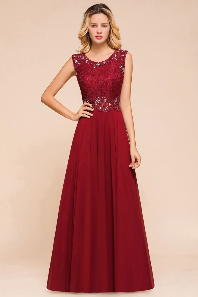 Elegantes Abendkleid mit Rundhalsausschnitt und A-Linien-Ausschnitt und Perlenstickerei, ärmelloses bodenlanges Partykleid aus Spitze