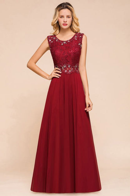Elegantes Abendkleid mit Rundhalsausschnitt und A-Linien-Ausschnitt und Perlenstickerei, ärmelloses bodenlanges Partykleid aus Spitze