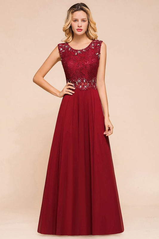 Elegantes Abendkleid mit Rundhalsausschnitt und A-Linien-Ausschnitt und Perlenstickerei, ärmelloses bodenlanges Partykleid aus Spitze