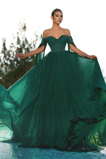 Elegante vestido de fiesta verde oscuro con hombros descubiertos y lentejuelas de corte A