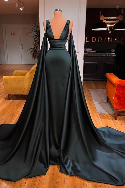 Elegante vestido de fiesta verde oscuro con escote en V, sexy, sin mangas y corte A