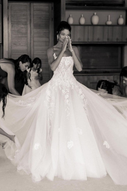 Elegantes vestidos de novia de diseño con apliques de encaje en forma de A